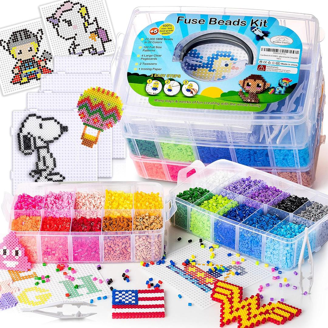 XXL Fuse Beads kit, Melty Beads Melting Beads for Kids Crafts | Iron Beads for Kids kit - Fuse Beads pegboards, pearler Beads. Hama Beads Compatible Bulk beados Storage - 22000pcs 5mm