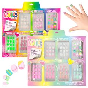 7 Day Manicure Collection - 84PC Press On Nail Set, Day-of-The-Week Adhesive False Nails for Girls (Set of Brights or Pastels) – Colorful Novelty Designs Stick On Nails for Kids