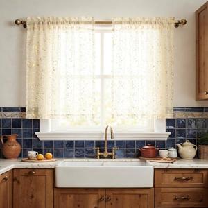 Horaldaily Beige Sheer Short Curtains for Living Room and Bedroom,Gold Sequin Glitter Metallic Foil, Scenery Light Filtering Window Curtains, 52" W x 36" L, Set of 2 Curtain Panels
