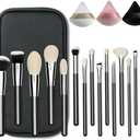 Professional Natural Travel Goat Hair Makeup Brushes with case, 15Pcs Kabuki Face Powder & Eye Makeup Brush set With Ultra Soft Premium Dense Hair, Valentines Day Gifts (Black)