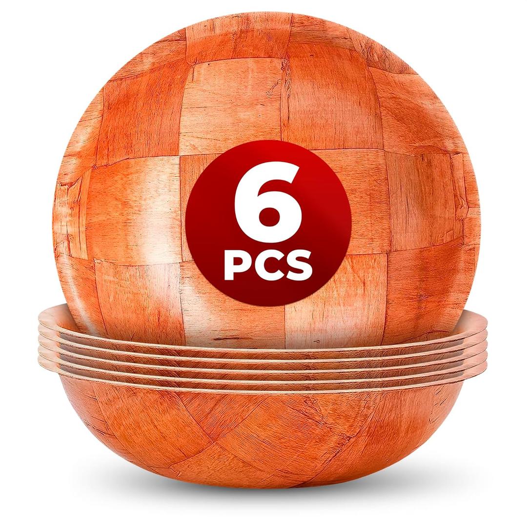 6 Pack Wooden Salad Bowls - 8"Wx2"H Holiday Wooden Salad Bowl Set for Pasta, Fruit or Side Dishes, Glossy & Easy to Clean Surface, for Party Dinners, Brunches, Weddings, Great Mothers Day Table Decor