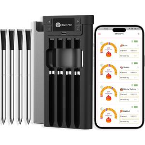 Meat Thermometer Digital Wireless, Long-Range BBQ Thermometer with 4 Probes, Dual Sensors for Perfect Grilling & Smoking - Black