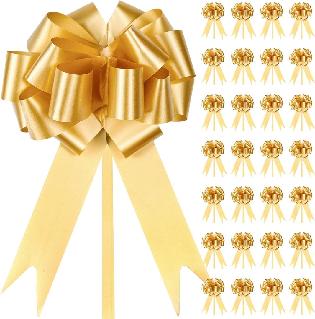 JJYHEHOT 30 PCS Christmas Gold Gift Wrap Bows, Pull Bows for Gift Wrapping, Large Decor Bow for Gift Baskets, Flower Bouquets, Birthday Present Box, Wedding Car