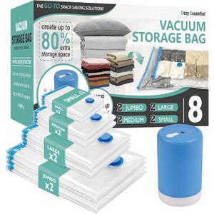 Cozy Essential 8 Pack Travel Vacuum Storage Bags with Rechargeable Wireless Electric Pump for Luggage, Suitcase, Carry-on Size Vacuum Seal Compression Space Saver Bags for Clothes and Clothing Travel
