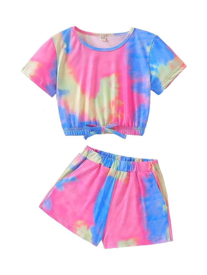 Noubeau Girls Summer Tie-Dye Outfits Elastic Drawstring T-Shirt Crop Top and Elastic Waist Shorts Set with Side PocketsPink- Blue,13-14 Years