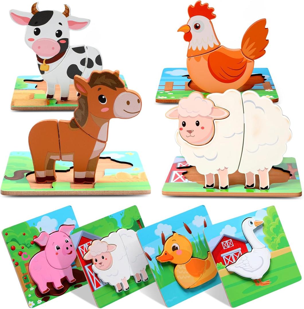 Zomiboo Wooden Puzzles for Toddlers 1-3 Farm Wooden Animal Puzzles for Toddlers 2-4 Boys Girls Kids 8 Pcs Farm Wood Chunky Animals Puzzle Educational Learning Montessori Toy Age 1-3 2-4 Back to School, 5.9 x 5.9 inches