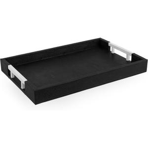Modern Elegant 18"x12" Black Rectangle Shagreen Faux Leather Decorative Tray Ottoman Coffee Table Perfume Living Room Kitchen Serving Tray with Silver Metal Handles for All Occasion's
