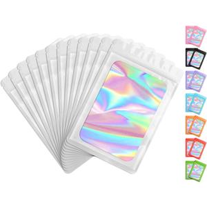 Funfery 100 Pcs Resealable Bags Clear Holographic Bags,Smell Proof Packaging Baggies,Mylar Food Storage Bag,Zipper Sealing Bag for Coffee Bean,Cookies,Jewelry Sample Small Business(White,6.3x9.4in)