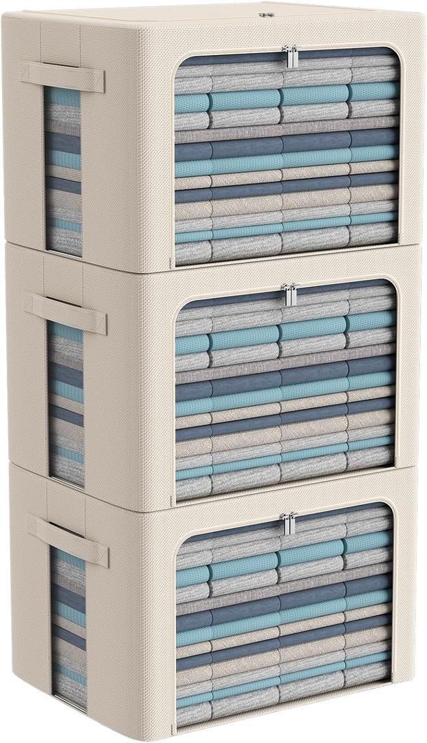 3Pack Frame Storage Box - Clothes Storage Bin Bags Oxford Fabric Foldable Stackable Container Organizer Set with Clear Window & Carry Handles Large Capacity (Beige, Large-66L)