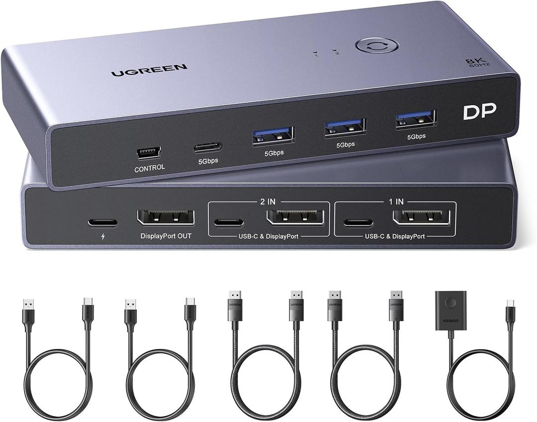 UGREEN 8K Displayport KVM Switch 2 in 1 Out DP1.4 with 4 USB 3.0 Ports(3 USB-A + 1 USB-C) Support 8K@60Hz 4K@240Hz Share 1 Monitor Keyboard Mouse U-Disk Printer, with 2 DP Cables, 2 USB A to C Cables
