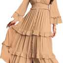 Amegoya Women's V Neck Long Sleeve Boho Maxi Dress Summer Wedding Guest Long Flowy Engagement Dresses (5-khaki), Size XL