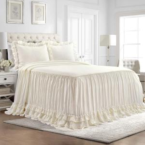 Lush Decor Ella Ruffle Lace Bedspread, 3 Piece Set, King, Ivory - Cute Bed Set - King Bedding - White Bedding - Coquette Decor - Neutral Ruffle Trim - White Lace Trim