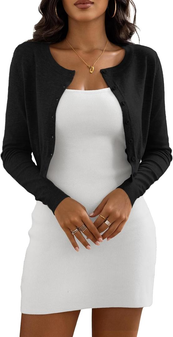 Women's Cropped Cardigan Sweaters Crew Neck Button Down Open Front Knit Bolero Shrugs (Black, S)
