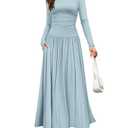 ZESICA Women's Long Sleeve Fall Maxi Dress 2025 Crewneck Knit Casual Slim Swing Pleated Dresses with Pockets,Sky,Small