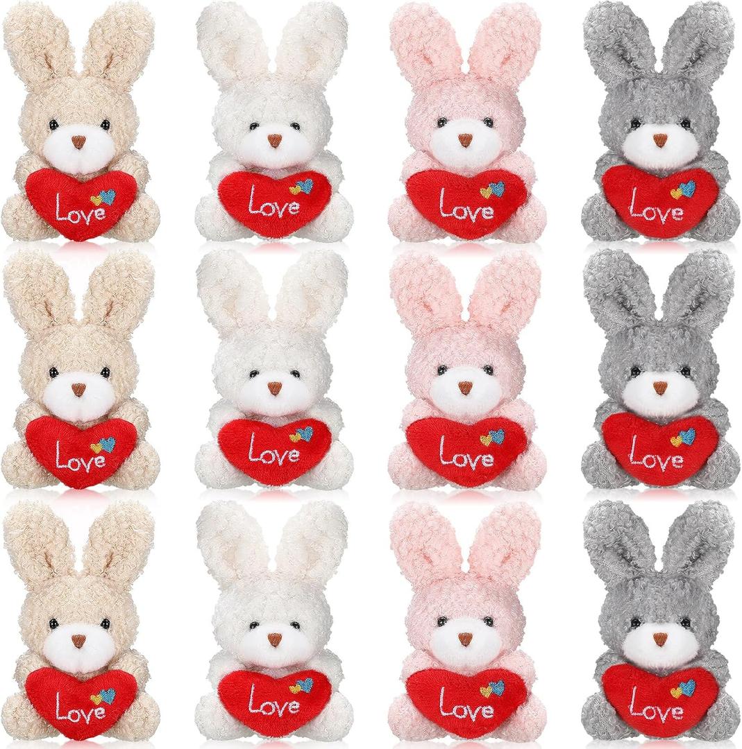 Jexine 12 Pcs Valentine's Day Mini Bunny Bulk Small Heart Rabbit Plush Stuffed 3.2 Inches Small Animal Toys for DIY Valentines Birthday Wedding Carnival Classroom Prizes Gift Goodie Bag Filler