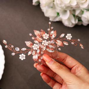 Gorais Leaf Bride Wedding Hair Comb Pearl Bridal Hair Piece Crystal Side Comb Hair Accessories for Women and Girls (C-Rose Gold)