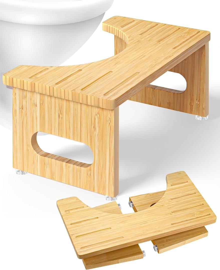 Foldable Toilet Stool, 7 Inches Bamboo Toilet Stool Squat for Adults, Collapsible Poop Stool for Bathroom, Potty Step Stool with Non-Slip Strip (Natural)