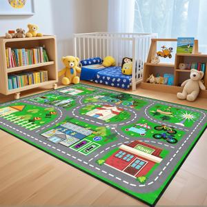 Car Rug Play Mat 4.5x6 Feet - Green Road Rug for Kids Boys Room, Fun Race Track Traffic Road Carpet for Boys Playmat Educational Learn, Car Carpet for Kids Room Decor Playmat Bedroom Playroom