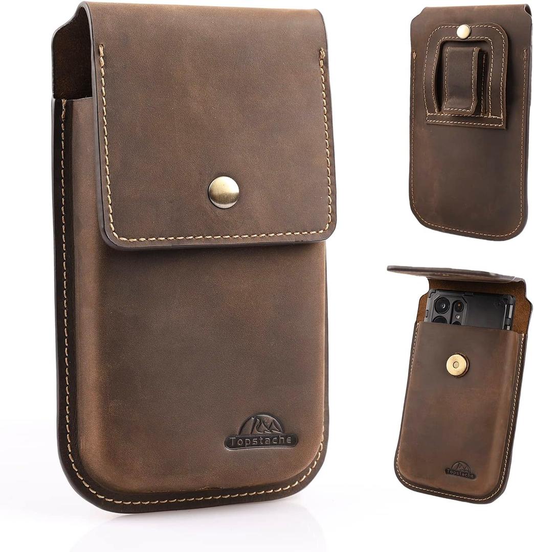 Topstache Leather Phone Holster for iPhone 17/16/15/14/13 Pro Max & Plus - Belt Clip Cell Phone Case for Galaxy S25/S24/S23 Ultra & Plus - Leather Belt Holder Pouch for Men, XL, Dark Brown