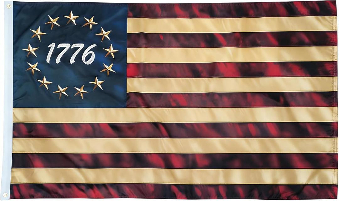 FRF 1776 Tea Stained Betsy Ross Flag 3x5 Ft, Vintage American 250th Anniversary 1776 Flags for Outside, USA 13 Colonies Banner Decoration with Canvas Header & 2 Brass Grommets