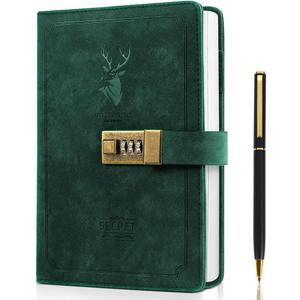 ZukoCert Journal With Lock A5 PU Leather Diary With Lock 240 Pages, Retro Journal With Lock And Key To Protect Your Privacy, Unisex.Deer Head Style, Green