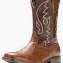 IUV Cowboy Boots For Men with Wide Square Toe Western Retro Boot Durable Classic Fashionable Embroidered Pull On Slip Resistant Boots Size 10.5