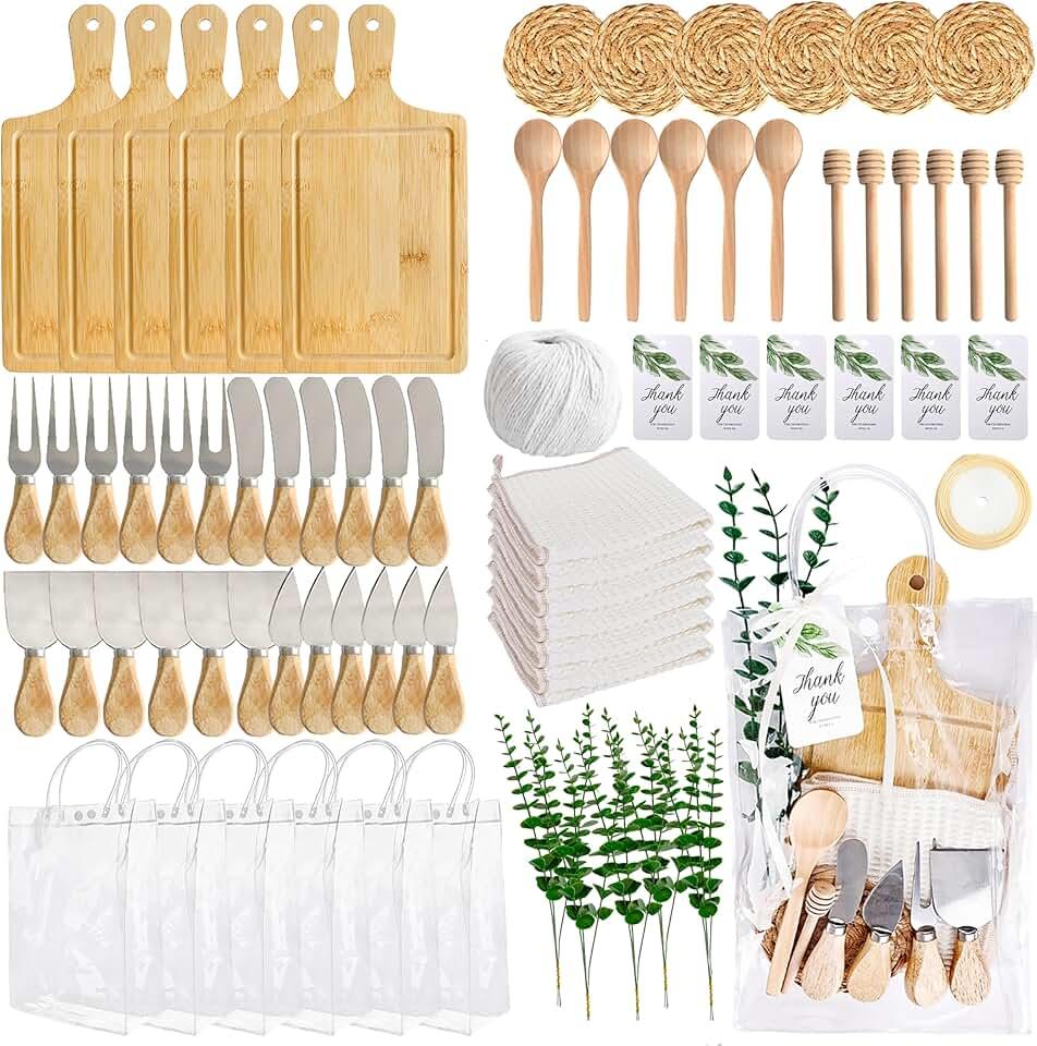 86 Pcs Baby Shower Prizes for Game Player Winners 6 Set Including Bamboo Cheese Boards Butter Spreaders Coaster Thank You Card Spoon Towels Tote Bags for Wedding Baby Bridal Shower Favors Guests