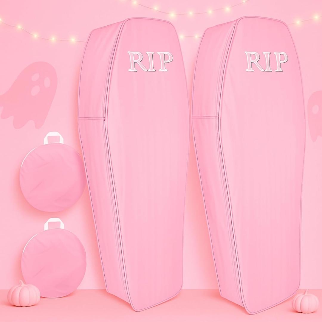 Liliful 2 Pcs Halloween Cemetery Pop up Coffin with Lid, 60 Inch Collapsible Scary Fake Fabric Coffin Prop Life Size, for Graveyard, Halloween Decoration, Lawn, Party (Pink, Lifelike)