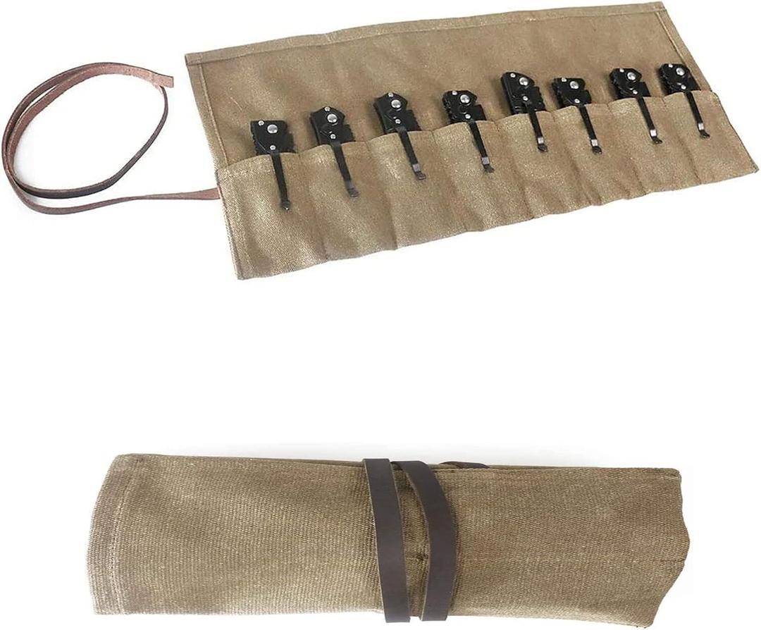 Pocket Knife Roll Bag,Waxed Canvas Small Knife Roll Up Pouch,Folding Knife Storage Case,Tactical Knife Protectors Sheath, Multi-Purpose Knife Roll With 8 Slots For Display Camping Hiking