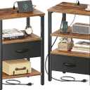 SUPERJARE Nightstand Set of 2, Bed Side Tables with Charging Station, Adjustable Fabric Drawer, Night Stand for Bedroom, 3-Tier Storage End Tables, for Living Room, Rustic Brown and Black