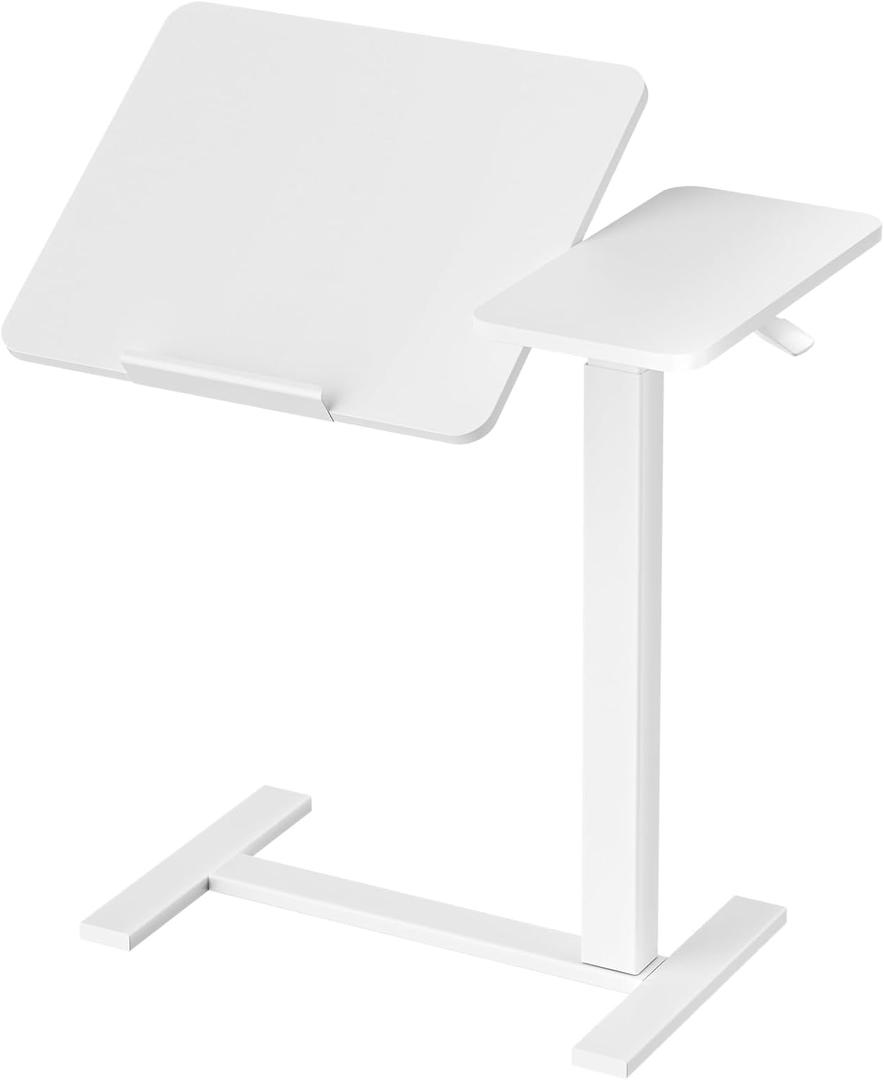 DUMOS Overbed Bedside Table Adjustable with Wheels, Mobile Standing Stand Up Rolling Laptop PC Desks with Tilting Top Height Tray Side Computer Workstation for Bedroom on Hospital Home Use, White