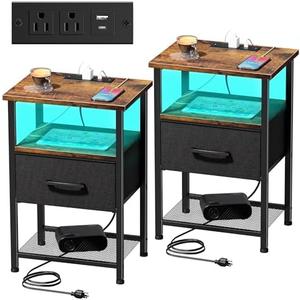 Nightstands Set of 2 with Charging Station and Drawer, End Table Bedside Table with 20 Colors LED Light Strip and 2 Layers Shelf for Bedroom Living Room (Rustic Brown)