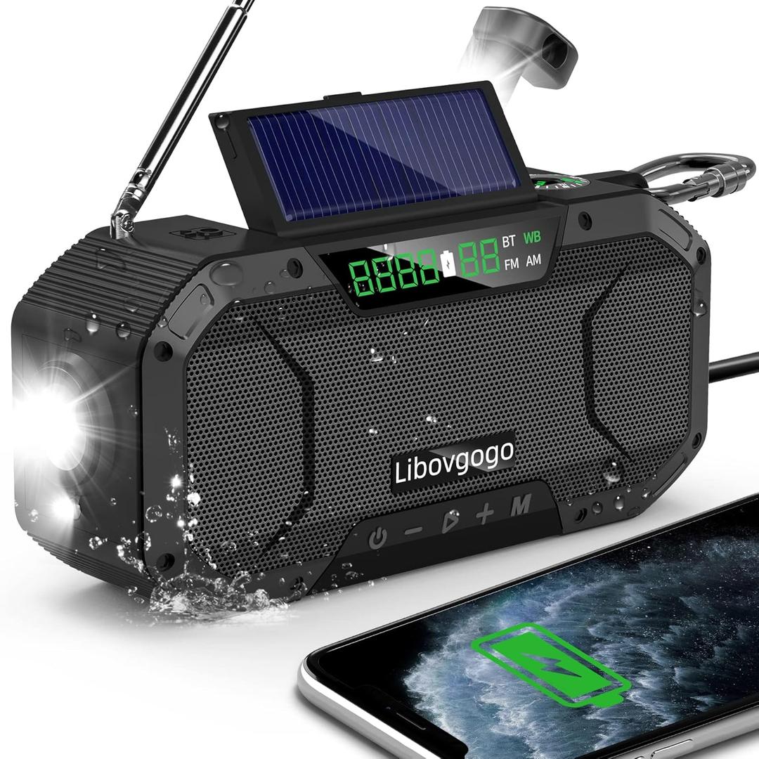 Emergency Radio Waterproof Bluetooth Speaker,Portable Digital AM FM Radio with Flashlight,Reading Lamp,Hand Crank NOAA Weather Radio with Solar Panel,5000mAH Cell Phone Charger,Emergency Survival Kit (Black)