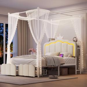 Full Velvet Upholstered LED Canopy Bed Frame with 2 Storage Drawers and Charging Station, Crown Headboard with Bookshelf, Two-Use Princess Platform Bed with 4 Removable Posts,Metal Slats Support-Beige (Biege)
