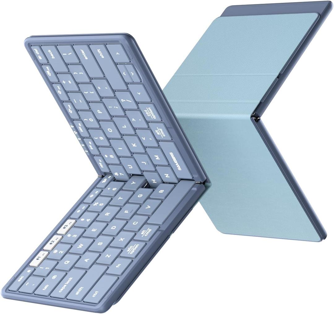 Samsers Full-Size Foldable Bluetooth Keyboard, KF08S Wireless Folding Keyboards with PU Leather Cover, Portable Travel for iPhone iPad, Smartphone Tablet Laptop, Android Windows Mac OS, Blue