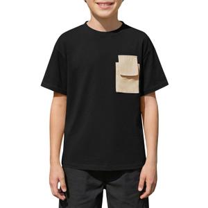 Boys Short Sleeve T Shirts Kids Fashion Crewneck Casual Tees Tops with Flap Chest Pocket 5-14 Years (Black)