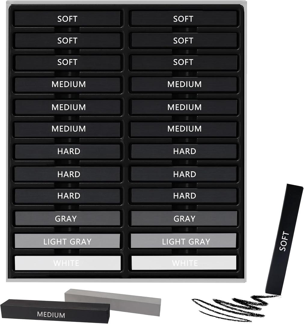 24 Pcs Compressed Charcoal Sticks with Soft, Medium, Hard and White Charcoal, Square Vine Charcoal Stick Kit for Drawing, Sketching and Shading, Art Supplies for Artists Beginners