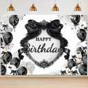 Tiamon Black Bow Birthday Party Backdrop 7 x 5 ft Coquette Happy Birthday Decorations Black and White Bow Photo Backdrop for Girls Women Coquette Party Photography Background
