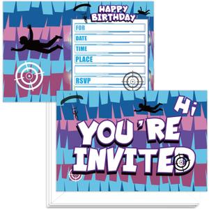 24 Pcs Video Game Birthday Invitations for Boys, Gaming Llama Invitation Cards with Envelopes and Stickers for Video Game Party Decorations Supplies Favors