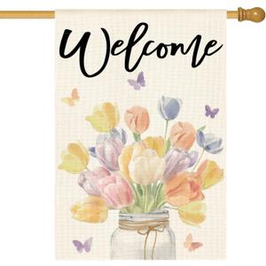 AVOIN colorlife Floral Tulip Mason Jar Spring House Flag 28x40 Inch Double Sided Outside, Seasonal Welcome Yard Outdoor Flag