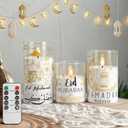 Huquary 3 Pcs Eid Mubarak Pillar Flameless Candles with Remote Ramadan Decorations Ramadan LED Flickering Candles Battery Operated Plastic Pillar Candlesticks for Eid Fit Gifts Home Decor, 3", 5", 6"