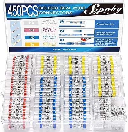 450 PCS Heat Shrink Self Soldering Butt Connector, Solder Seal Wire Connectors Kit, Waterproof Wire Solder Stick Splice Connector for Marine Electrical Automotive (5 Colors/5 Sizes/ 26-10 Gauge)