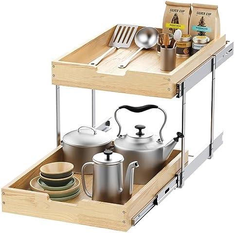 Sikarou Wood Pull Out Cabinet Organizer 2 Tie 14" W x 21" D, Heavy-Duty Sliding Drawers for Inside Cabinets Storage and Organization for Kitchen, Pantry, Bathroom
