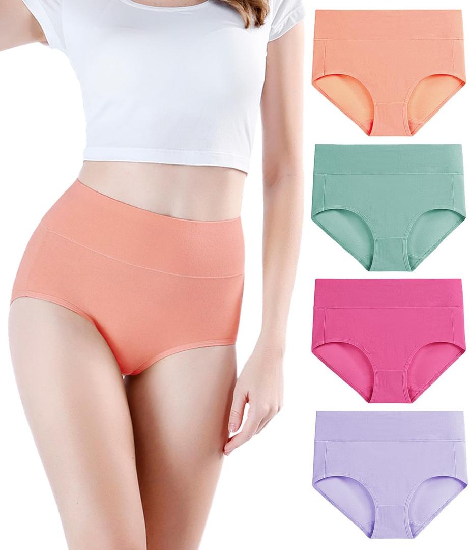 wirarpa Women's Cotton Underwear High Waisted Ladies Panties Full Coverage Briefs 4 Pack (Regular & Plus Size) (Large)