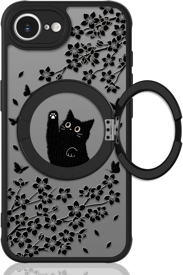 Cute Case for iPhone 17e & 16e Case with Stand [ Compatible with MagSafe ] Kawaii Black Cat & Floral & Butterflies Pattern Design 360 Magnetic Ring Kickstand Phone Cover for Women Girls Boys