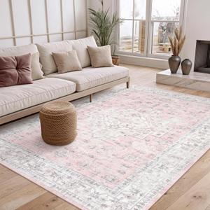 LIVEBOX Pink 5x7 Area Rug for Bedroom Girls, Boho Washable Rugs for Living Room Nursery, Non-Slip Indoor Soft Carpet Low-Pile Farmhouse Carpets for Dining Room Kids Playroom, Pink (5'x7')