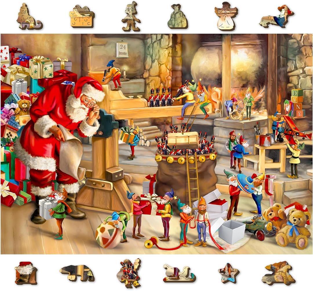 WOODEN.CITY Wooden Christmas Puzzle 500 Pieces with Unique Pieces & Unusual Shapes - Santa Workshop - Winter Scene Puzzles Christmas Vacation Puzzle 15.5 x 10,5 inches