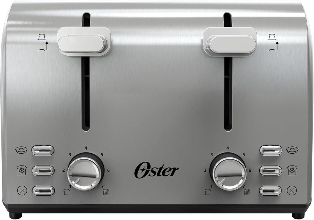 Oster 4 Slice Toaster, With 7 Browning Settings, Extra Wide Slots For Bagels and Special Breads, Removable Easy-to-Clean Crumb Tray, Cancel/Defrost/Bagel, Stainless Steel