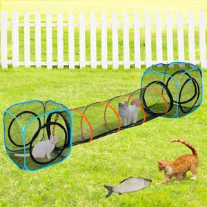 Pet Play Tunnel + Cube(with Three Ways) for Indoor and Outdoor, Kitty Play House, Cat Enclosures, Collapsible Cat Tent, Cage, Kitten Toys Easy to Connect with Kitty Tent2 Cubes + Run Tunnel