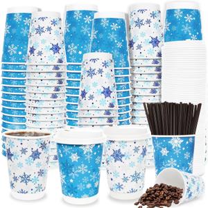 100 Pcs Snowflake Paper Cups 12oz Disposable Extra Thick Beverage Christmas Coffee To Go Cup with Leak Proof Lids Stirrers Insulated Disposable for Hot & Cold Liquids Wonderland Winter Party